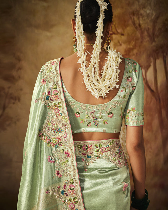 Mint Green Silk Embroidered Saree
