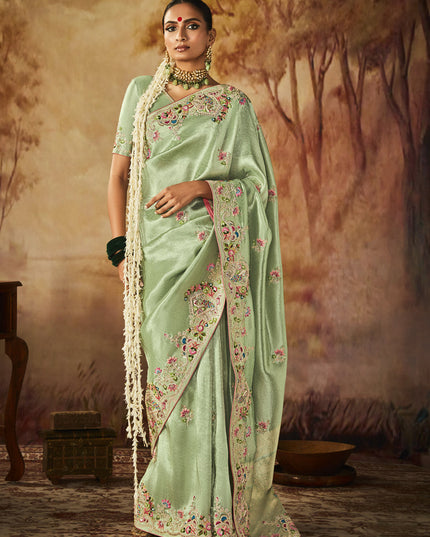 Mint Green Silk Embroidered Saree
