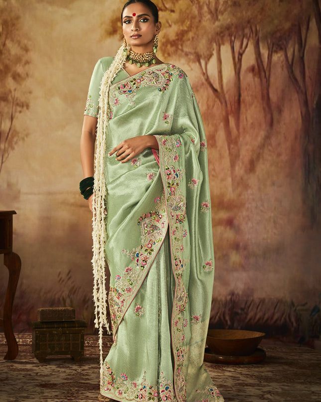 Mint Green Silk Embroidered Saree