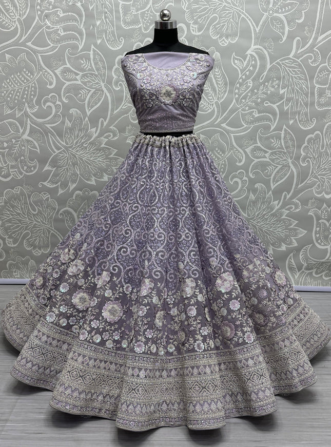 Lavender Net Embroidered Designer Lehenga Choli