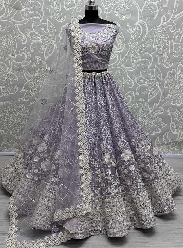 Lavender Net Embroidered Designer Lehenga Choli