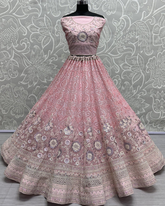 Rose Pink Net Embroidered Designer Lehenga Choli