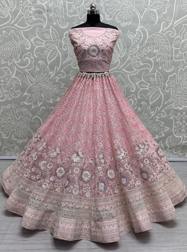 Rose Pink Net Embroidered Designer Lehenga Choli