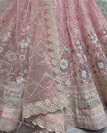 Rose Pink Net Embroidered Designer Lehenga Choli