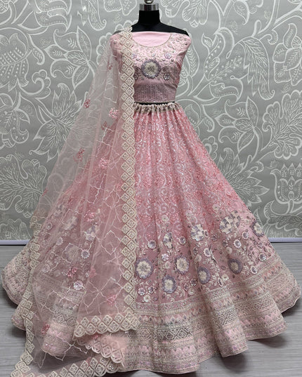Rose Pink Net Embroidered Designer Lehenga Choli