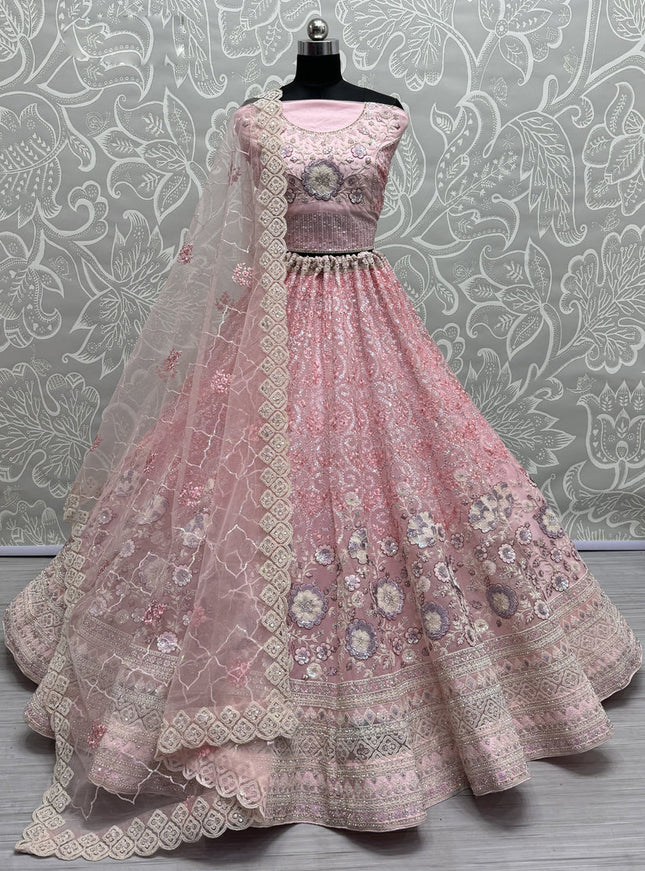 Rose Pink Net Embroidered Designer Lehenga Choli