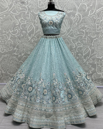 Ice Blue Net Embroidered Designer Lehenga Choli