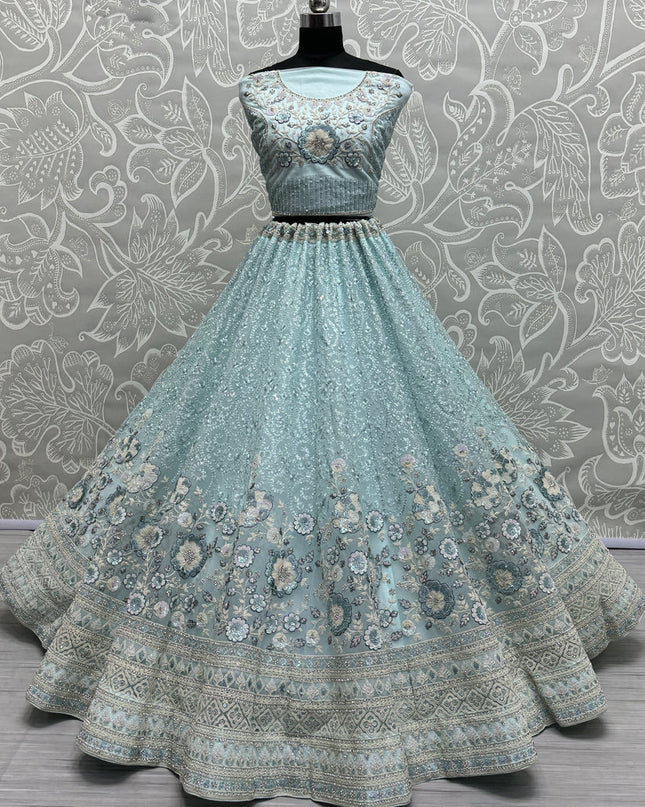 Ice Blue Net Embroidered Designer Lehenga Choli