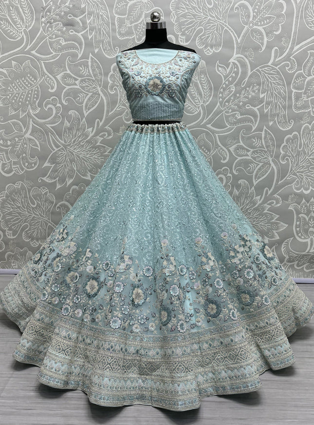 Ice Blue Net Embroidered Designer Lehenga Choli