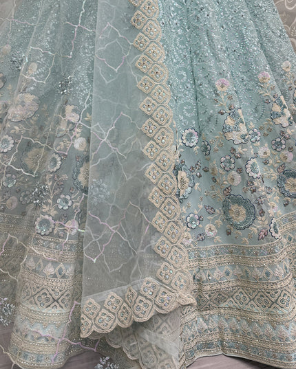 Ice Blue Net Embroidered Designer Lehenga Choli
