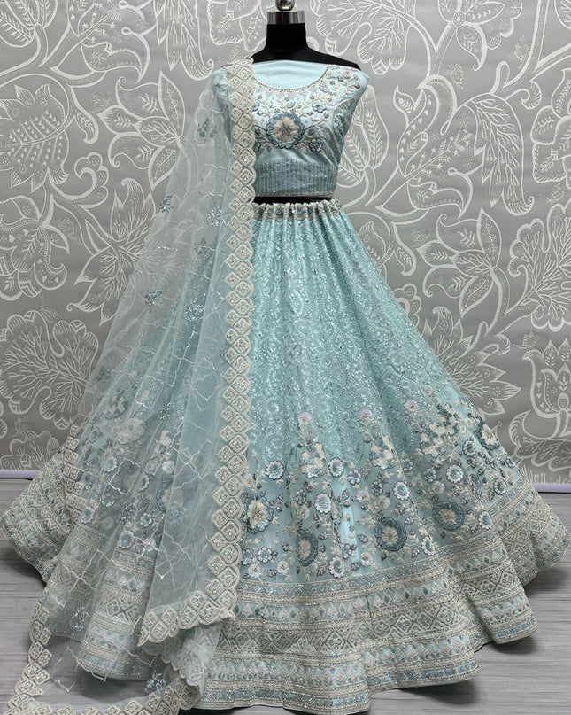 Ice Blue Net Embroidered Designer Lehenga Choli