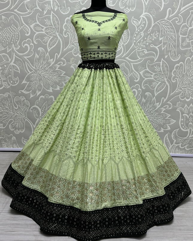 Pistachio Green Georgette Embroidered Wedding Lehenga Choli