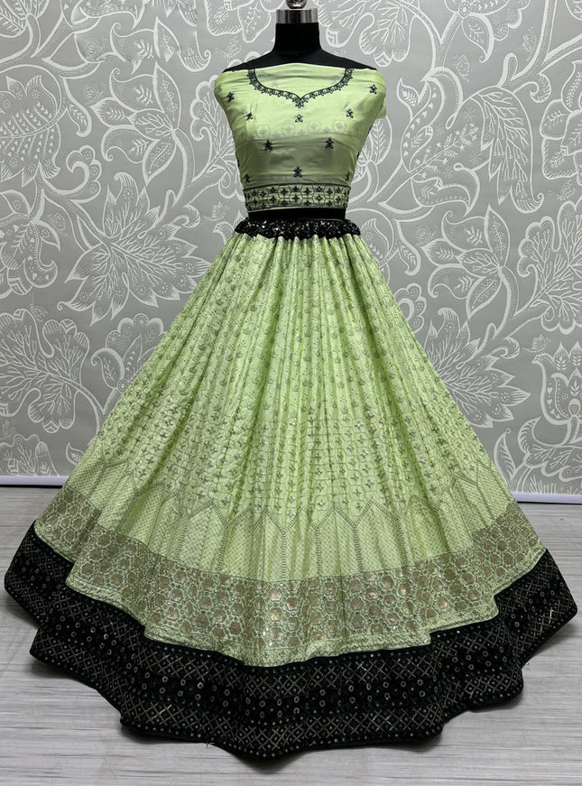 Pistachio Green Georgette Embroidered Wedding Lehenga Choli