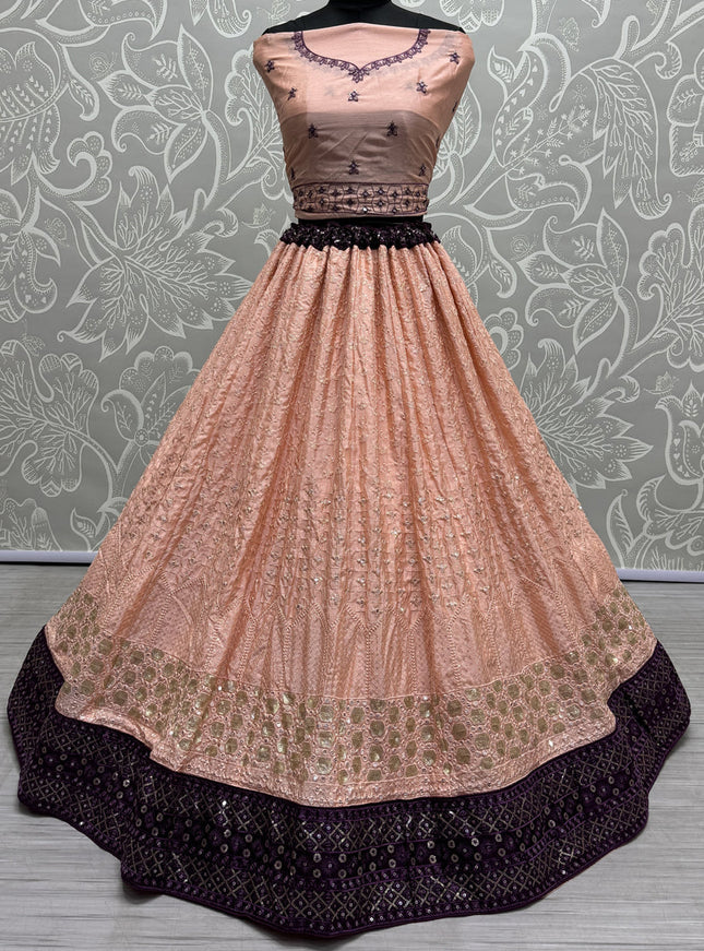 Peach Georgette Embroidered Wedding Lehenga Choli