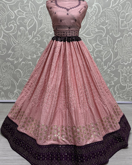 Coral Pink Georgette Embroidered Wedding Lehenga Choli