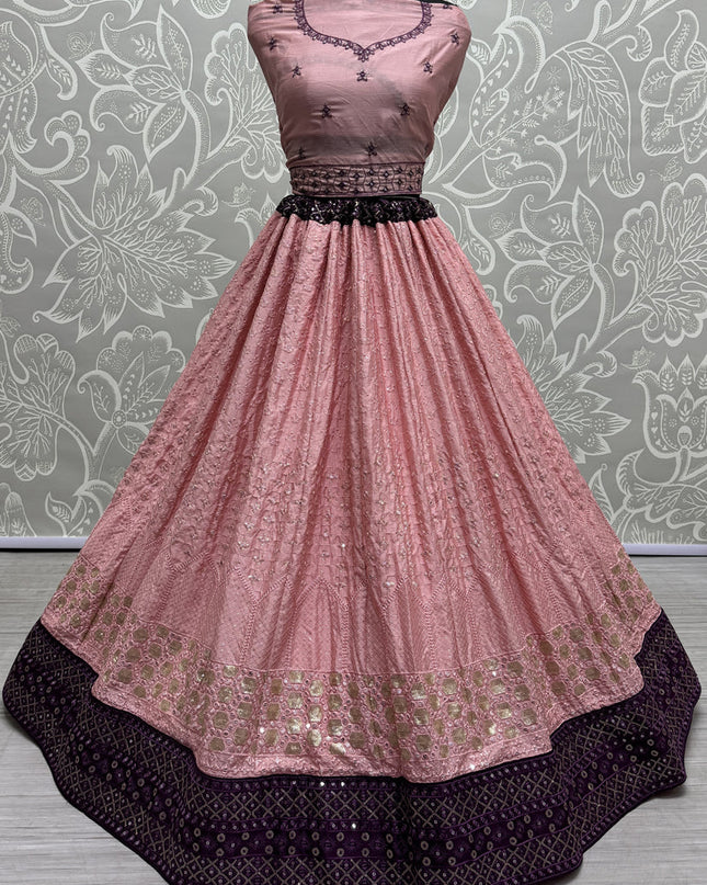 Coral Pink Georgette Embroidered Wedding Lehenga Choli