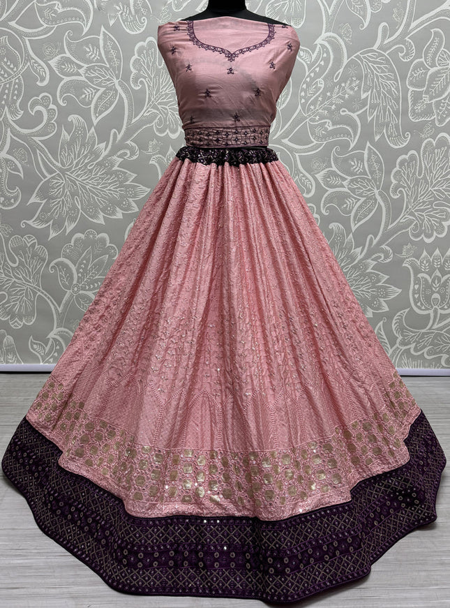 Coral Pink Georgette Embroidered Wedding Lehenga Choli