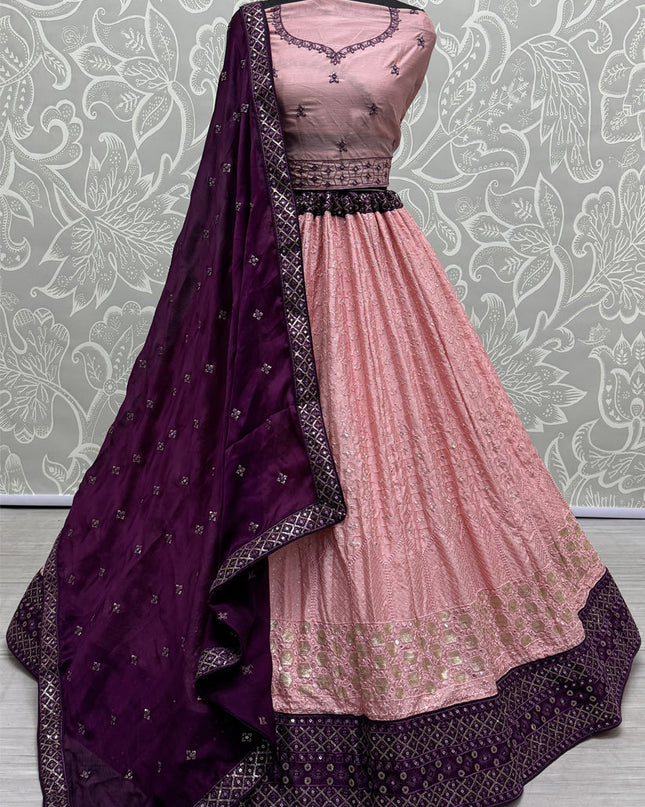 Coral Pink Georgette Embroidered Wedding Lehenga Choli