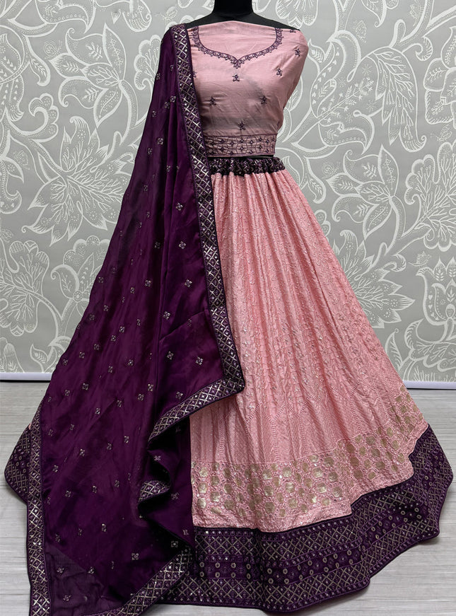 Coral Pink Georgette Embroidered Wedding Lehenga Choli