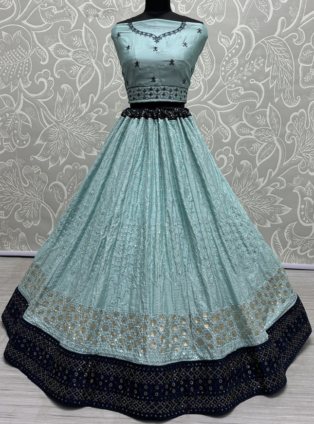 Ice Blue Georgette Embroidered Wedding Lehenga Choli