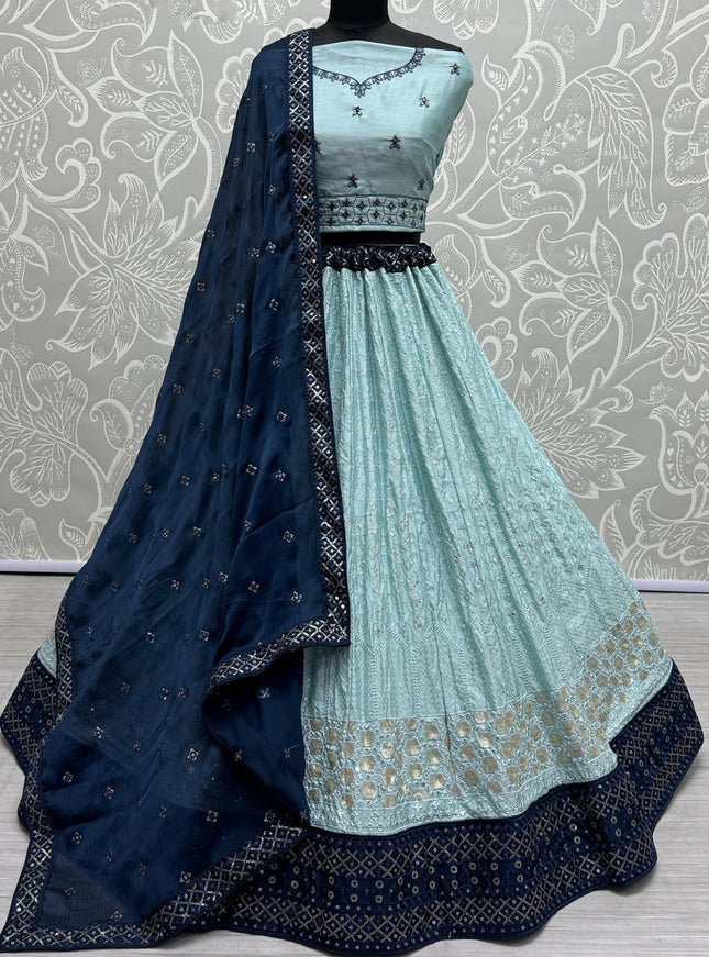 Ice Blue Georgette Embroidered Wedding Lehenga Choli
