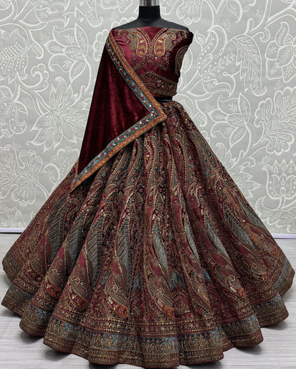 Maroon Velvet Embroidered Designer Bridal Lehenga Choli