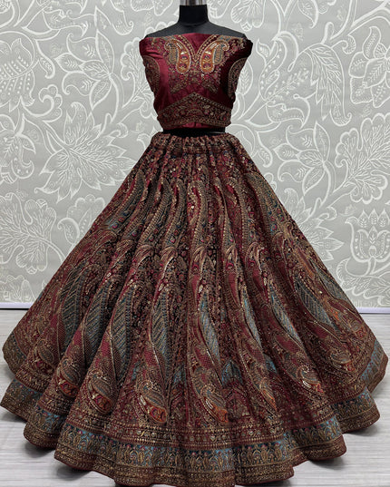 Maroon Velvet Embroidered Designer Bridal Lehenga Choli