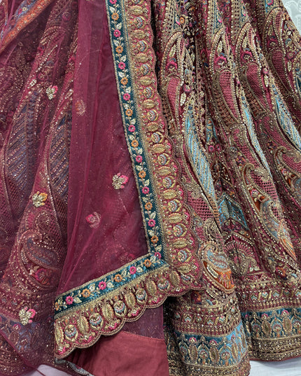 Maroon Velvet Embroidered Designer Bridal Lehenga Choli