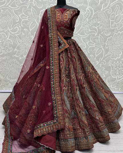 Maroon Velvet Embroidered Designer Bridal Lehenga Choli