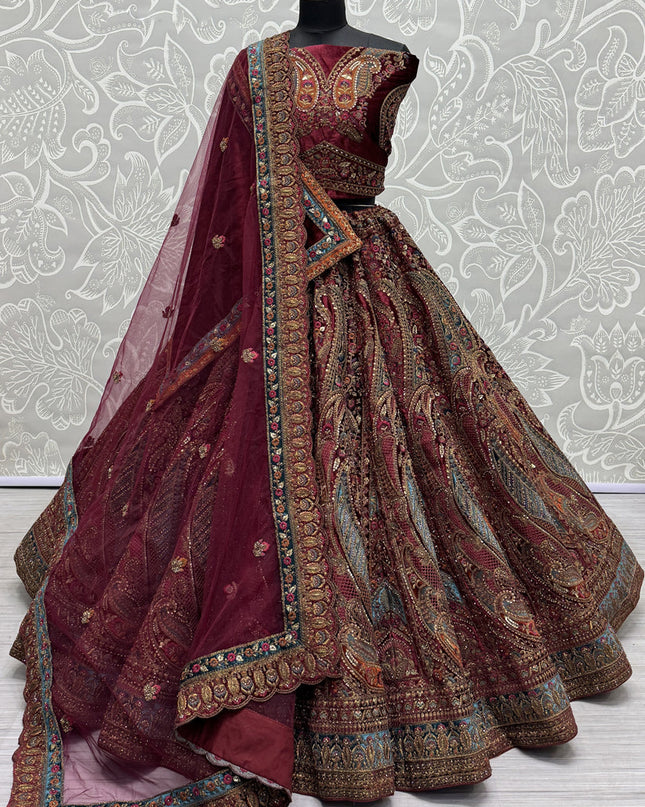 Maroon Velvet Embroidered Designer Bridal Lehenga Choli
