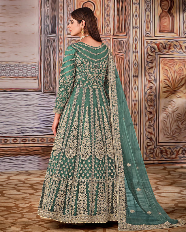 Pretty Teal Grey Net Embroidered Anarkali Suit
