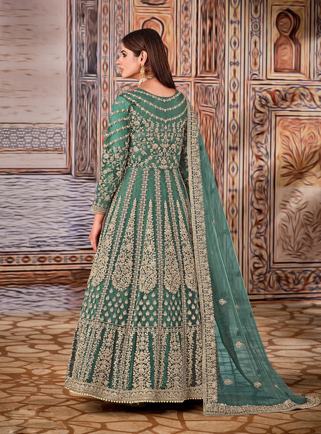 Pretty Teal Grey Net Embroidered Anarkali Suit