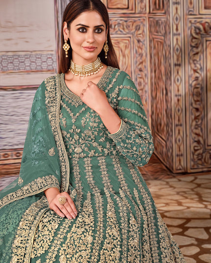 Pretty Teal Grey Net Embroidered Anarkali Suit