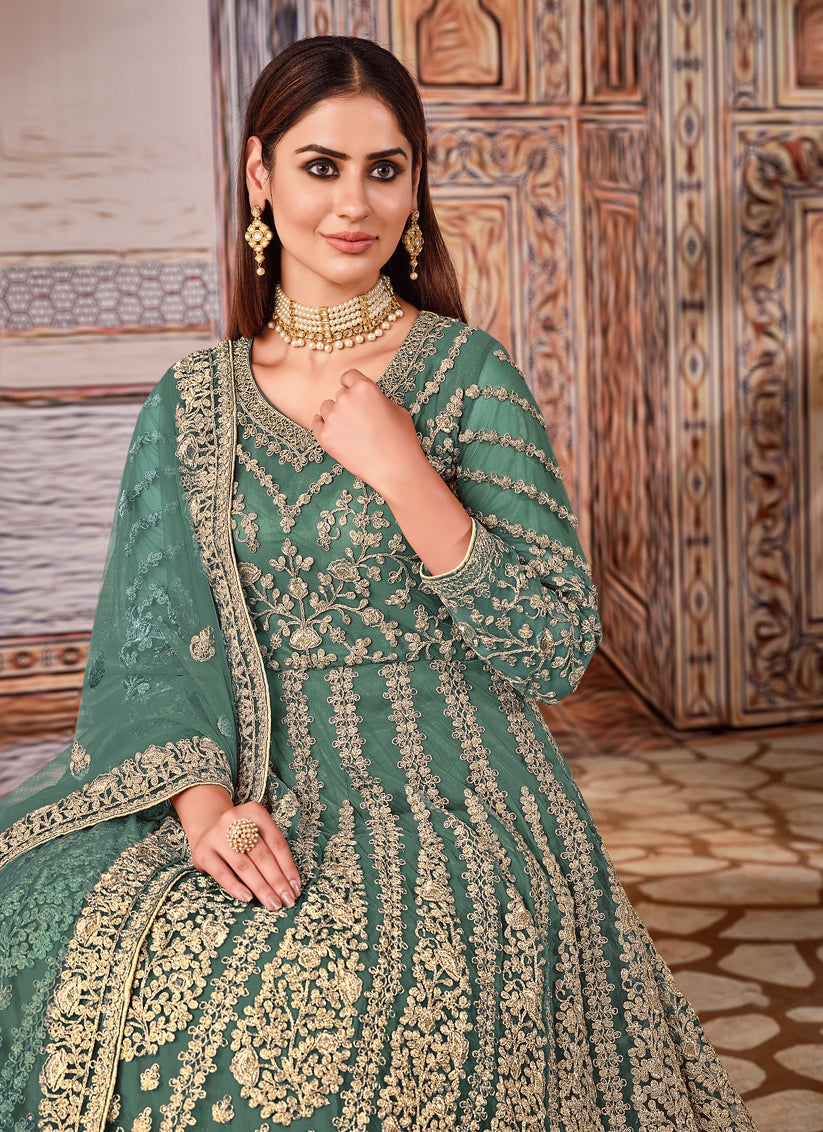 Pretty Teal Grey Net Embroidered Anarkali Suit