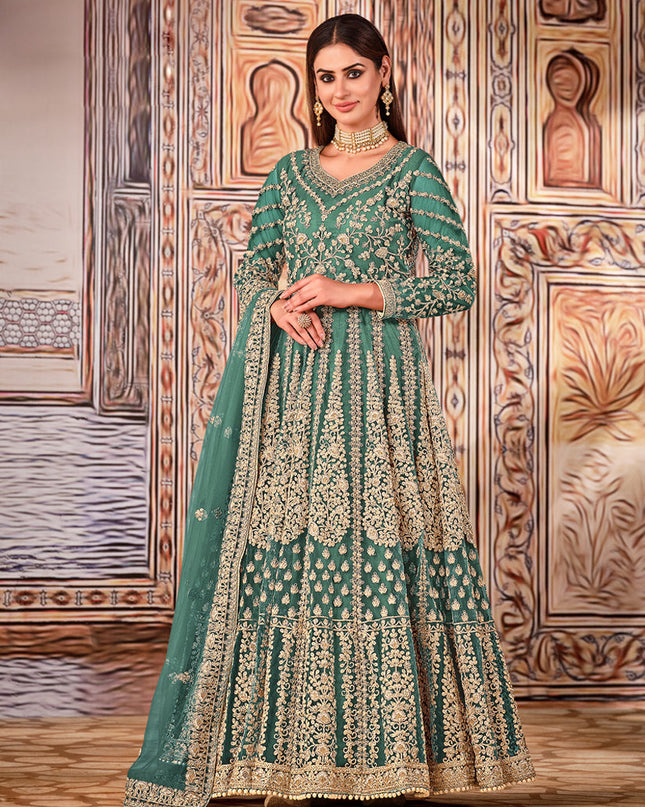 Pretty Teal Grey Net Embroidered Anarkali Suit
