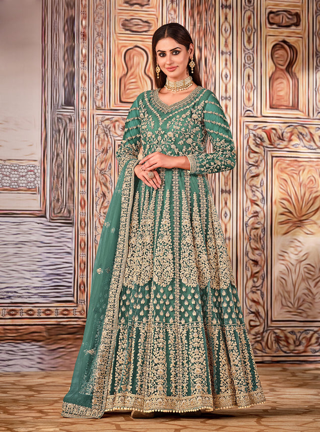 Pretty Teal Grey Net Embroidered Anarkali Suit