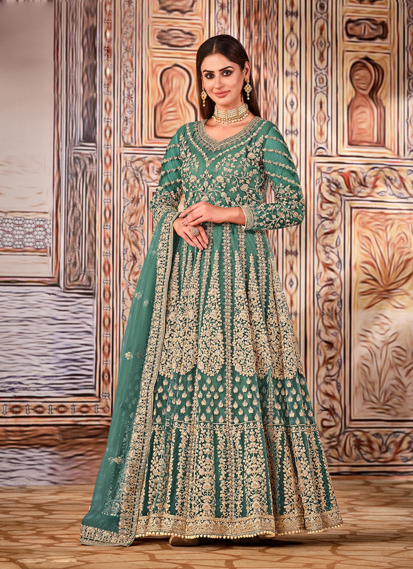 Pretty Teal Grey Net Embroidered Anarkali Suit