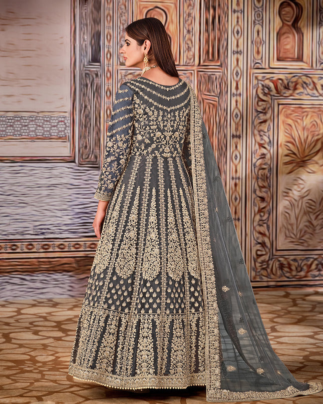 Alluring Slate Grey Net Embroidered Anarkali Suit
