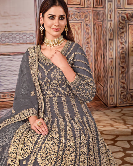 Alluring Slate Grey Net Embroidered Anarkali Suit