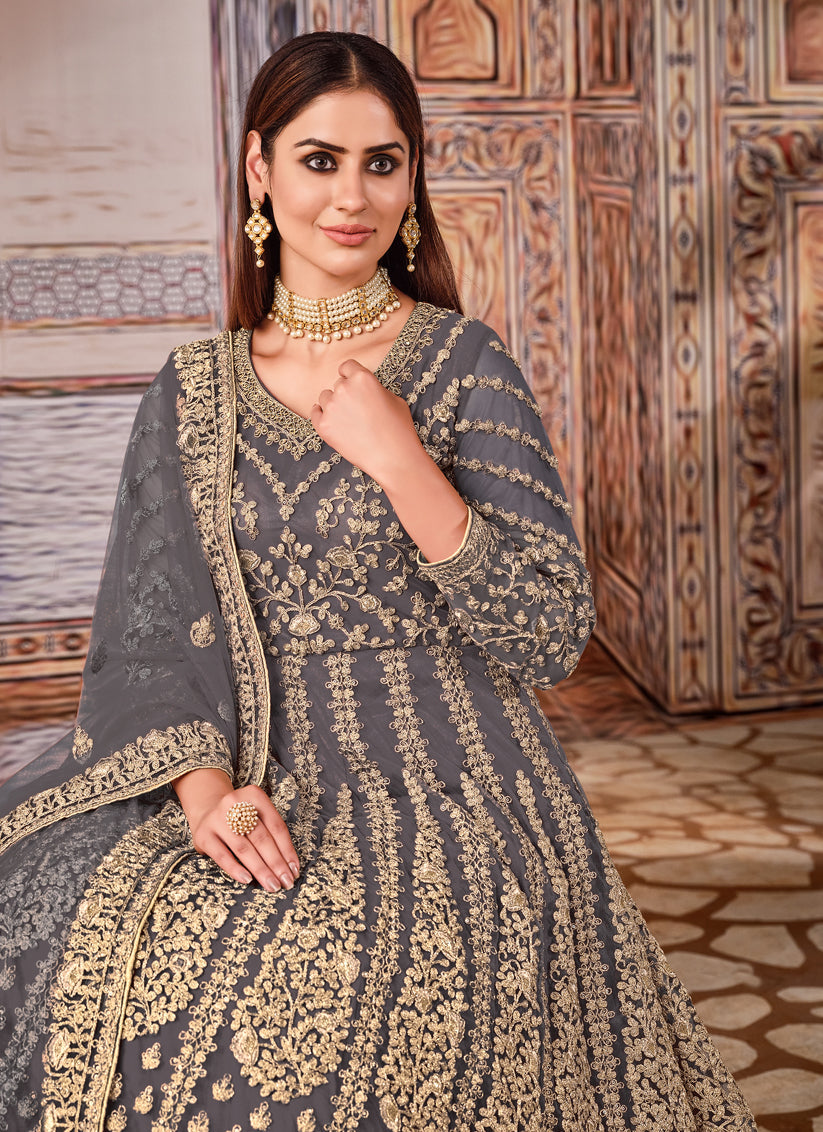 Alluring Slate Grey Net Embroidered Anarkali Suit