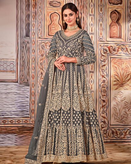 Alluring Slate Grey Net Embroidered Anarkali Suit