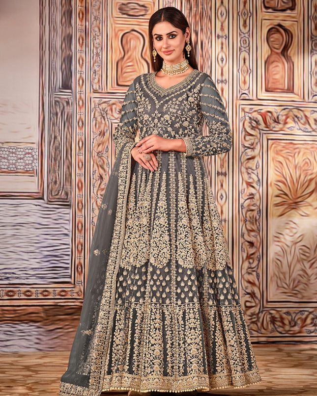 Alluring Slate Grey Net Embroidered Anarkali Suit