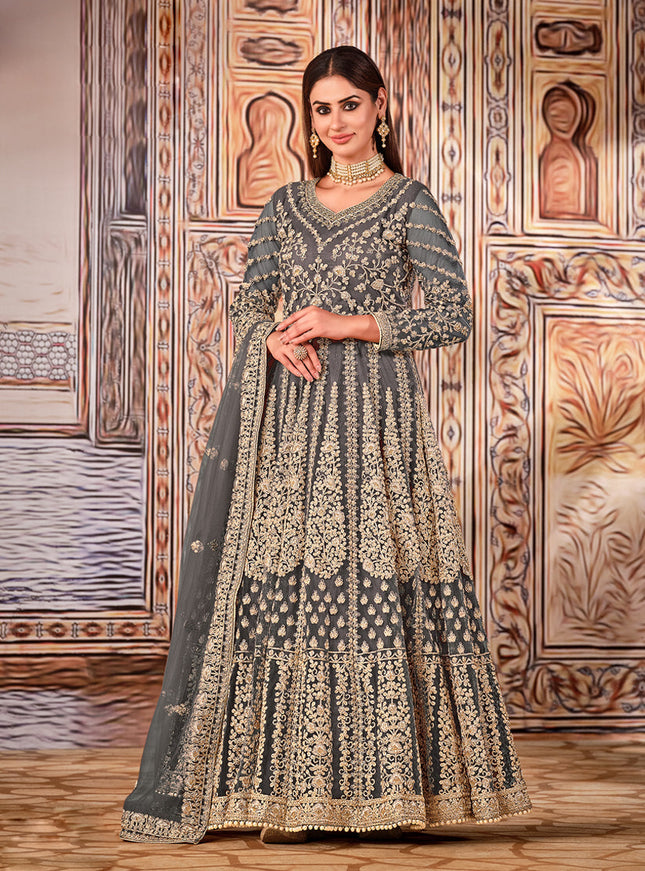 Alluring Slate Grey Net Embroidered Anarkali Suit