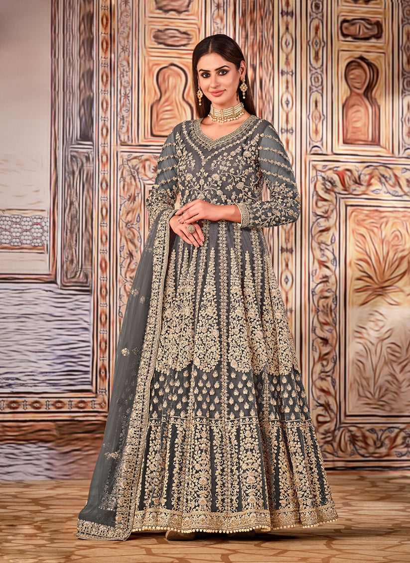 Alluring Slate Grey Net Embroidered Anarkali Suit