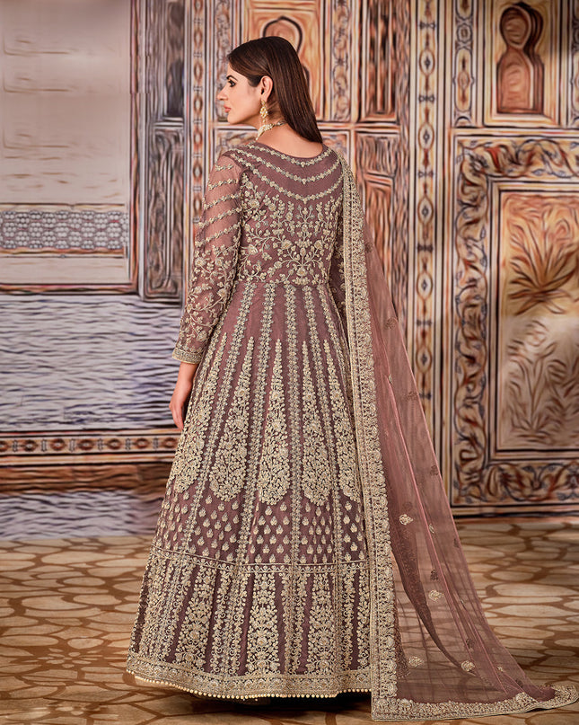 Charming Brown Net Embroidered Anarkali Suit