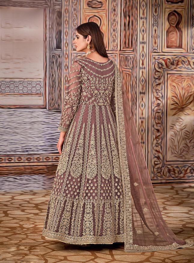 Charming Brown Net Embroidered Anarkali Suit