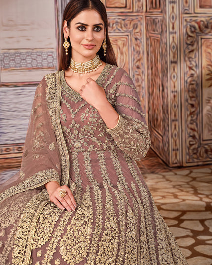 Charming Brown Net Embroidered Anarkali Suit