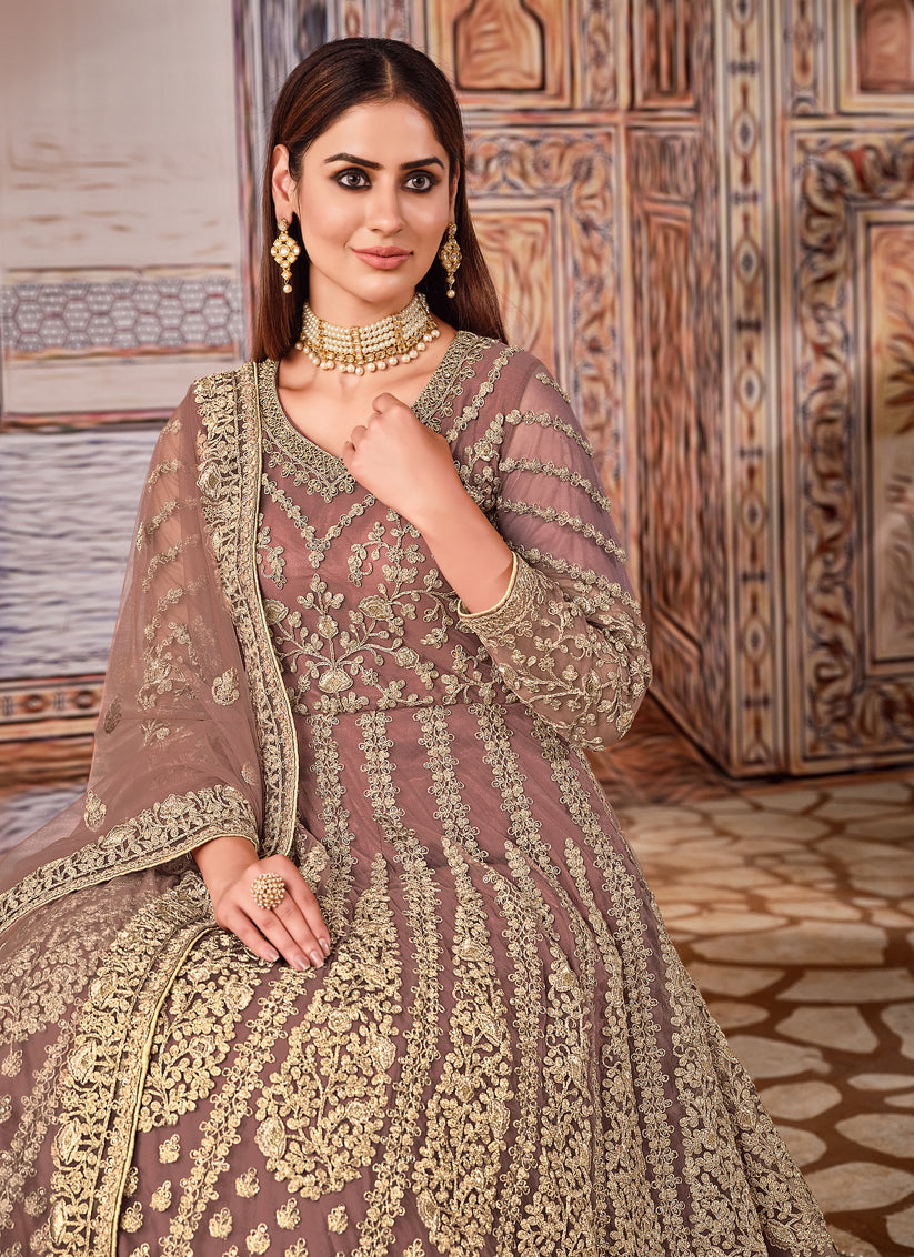 Charming Brown Net Embroidered Anarkali Suit