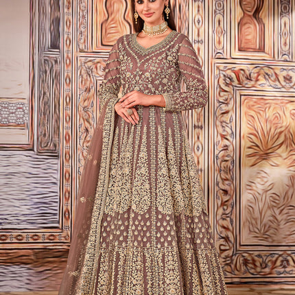 Charming Brown Net Embroidered Anarkali Suit