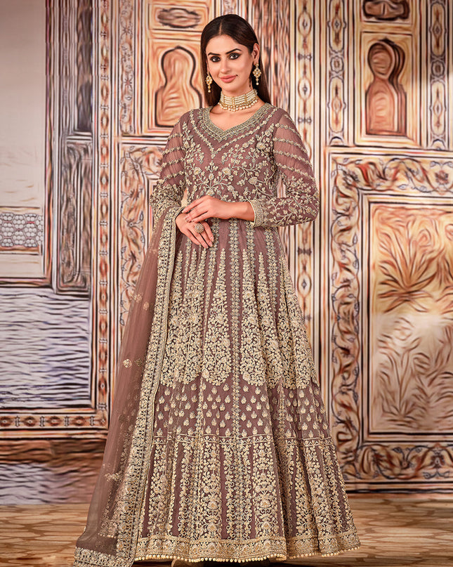 Charming Brown Net Embroidered Anarkali Suit